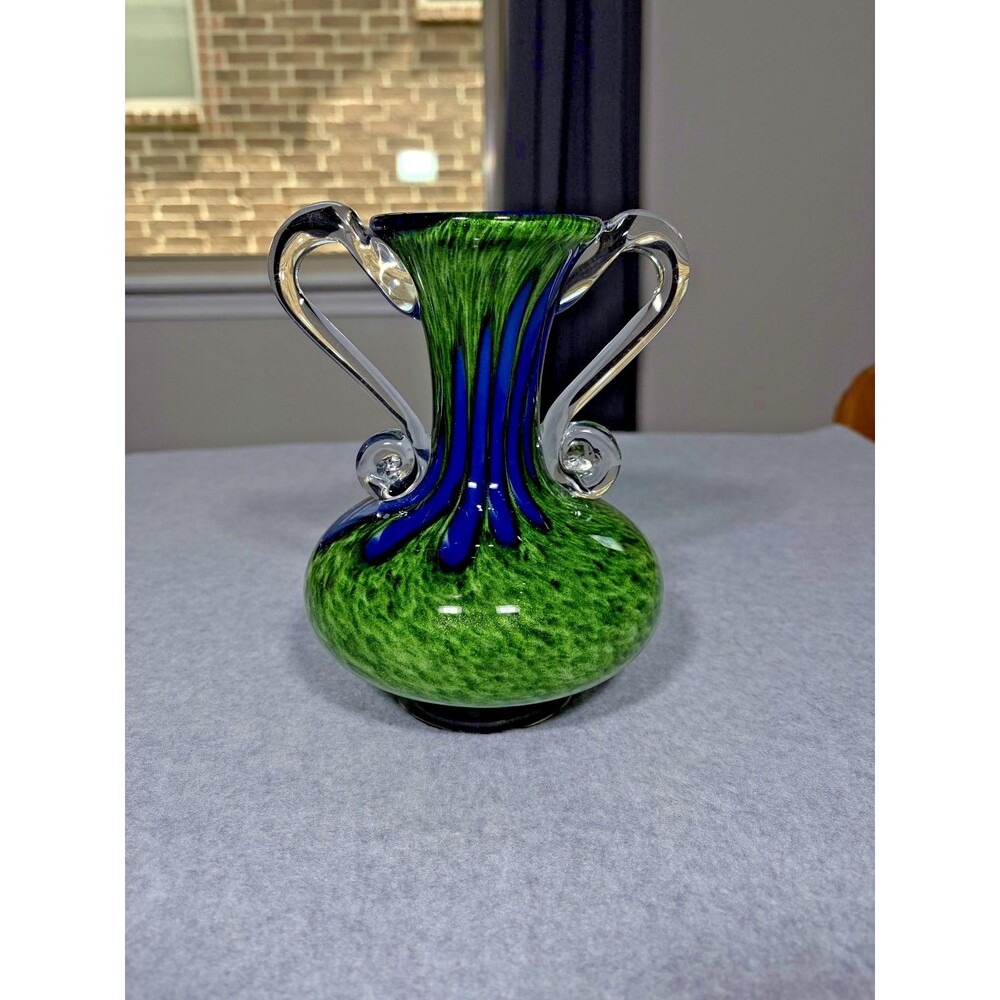 Jozefina Krosno Vase Hand Blown Art Glass Jade Green & Blue  Poland Abstract